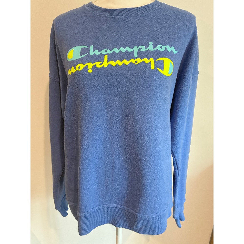 Champion Sweatshirt Womens Large Blue Mirrored Graphic Logo Pullover